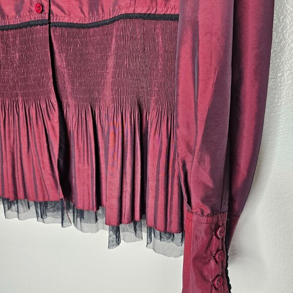 Vintage M Red Iridescent Button Shirt Smocked Whimsigoth Vamp Fairy Grunge - Picture 3 of 5